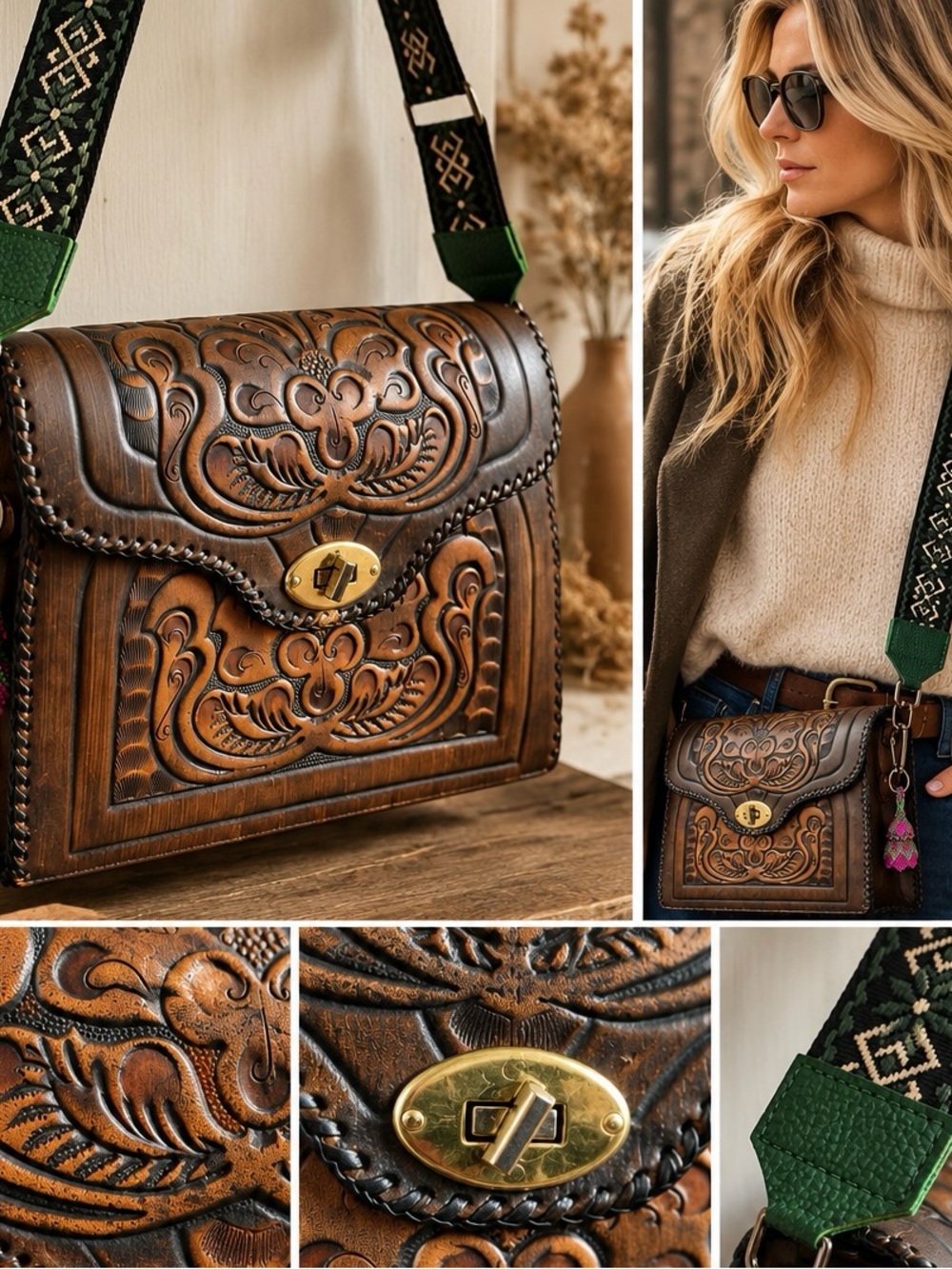 Hand Tooled Genuine Leather Crossbody Bag | Artisan Boho Shoulder Bag